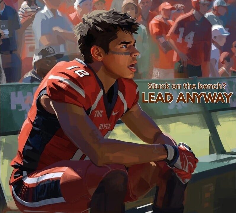 Football player sitting alone on the bench, looking down in thought.